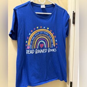 Blue adult Shirt with Rainbow Design